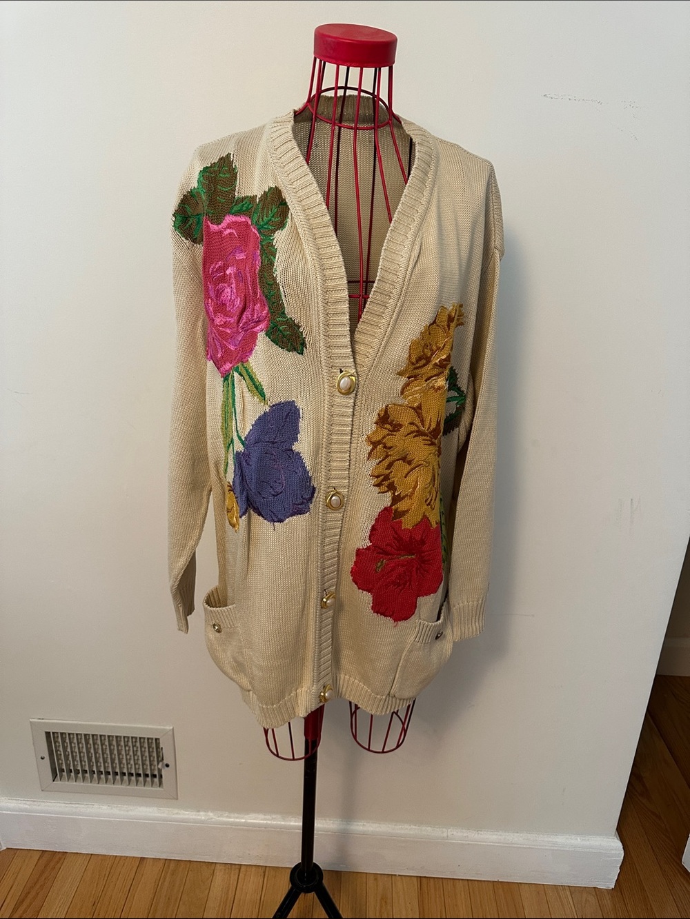 Cream Floral Embroidered Button-Front Cardigan